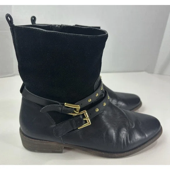 Coach Lilliana Leather Ankle Moto Boots Size 7.5 B Gold Studded Buckle Shoes - Picture 4 of 16